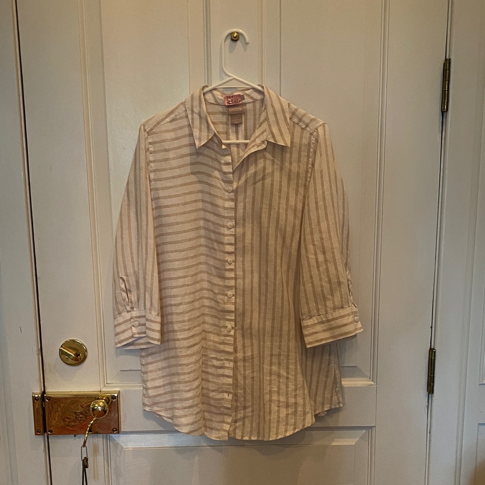 Chico's Beige and White Striped Blouse